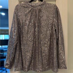 Soft Surroundings Silver Sequin Long-Sleeve Crewneck Top